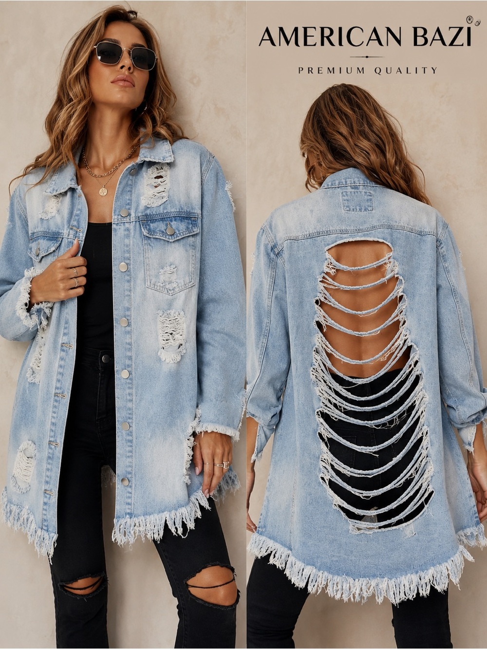 American Bazi 2X Distressed Denim Jacket Light Wash Shredded Open Back  Festival